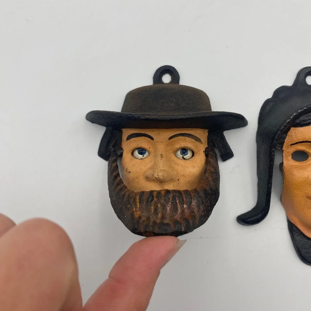 Vintage Amish Couple Cast Iron Wall Mount Bottle Opener Set Moving Eyes Painted